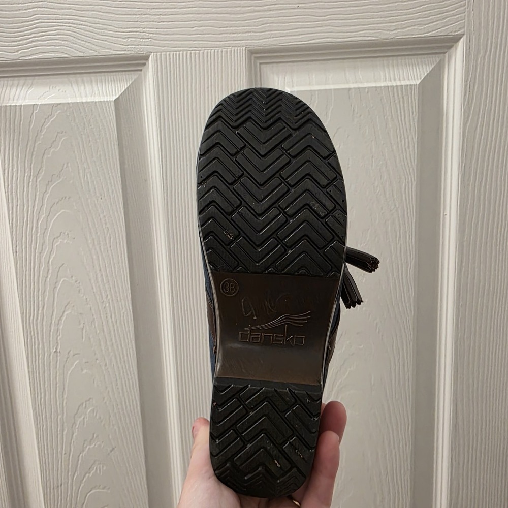 Dansko Blue Suede Brown Leather Tassels Shandi Boho Slip On Clogs Size 7.5 - Picture 5 of 8